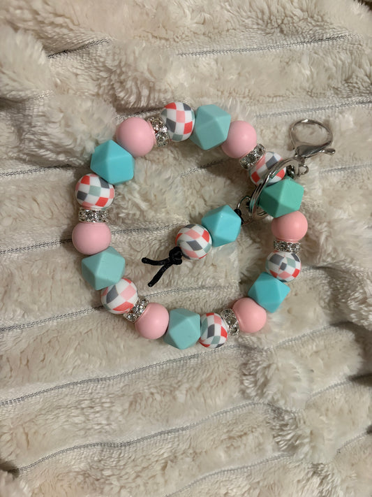Bubble gum Plaid Wristlet Keychain Duo